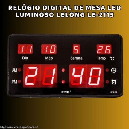 Relógio digital de mesa led luminoso Lelong LE-2115 Relógio digital de mesa led luminoso Lelong LE-2115