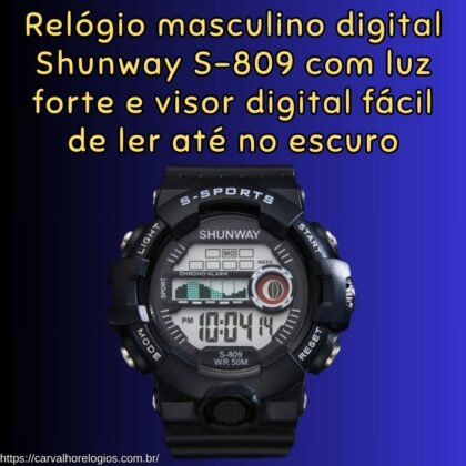 Relógio masculino digital Shunway S-809 com luz forte e visor digital fácil de ler até no escuro Relógio masculino digital Shunway S-809 com luz forte e visor digital fácil de ler até no escuro